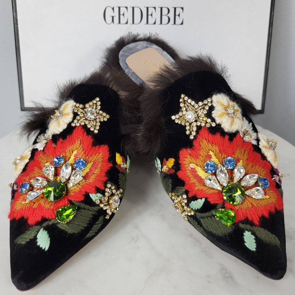 NWB~$695~GEDEBE~35/5~BLACK EMBELLISHED RHINESTONE REAL FUR FLATS MULES SHOES